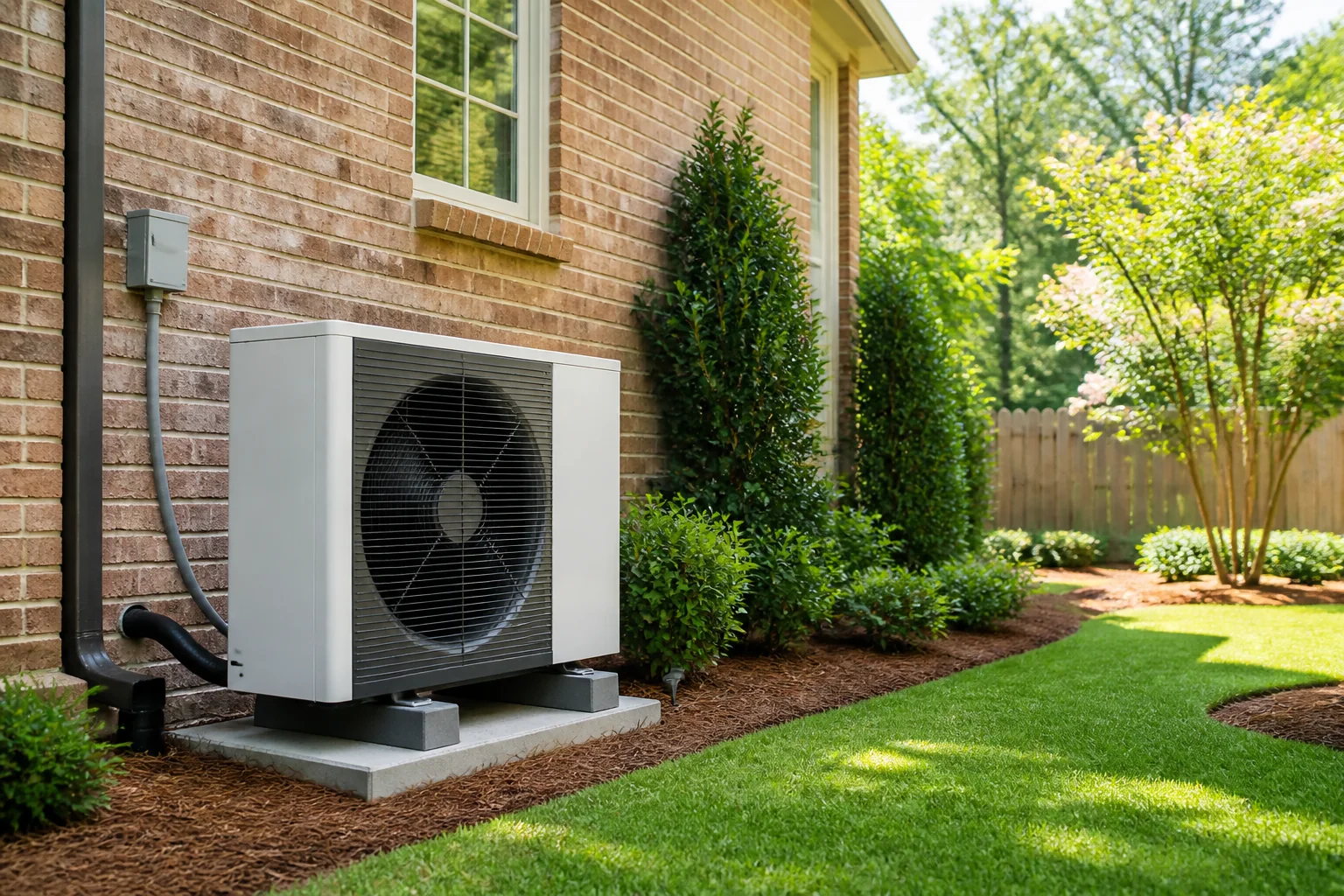 Residential heat pump installed beside a home