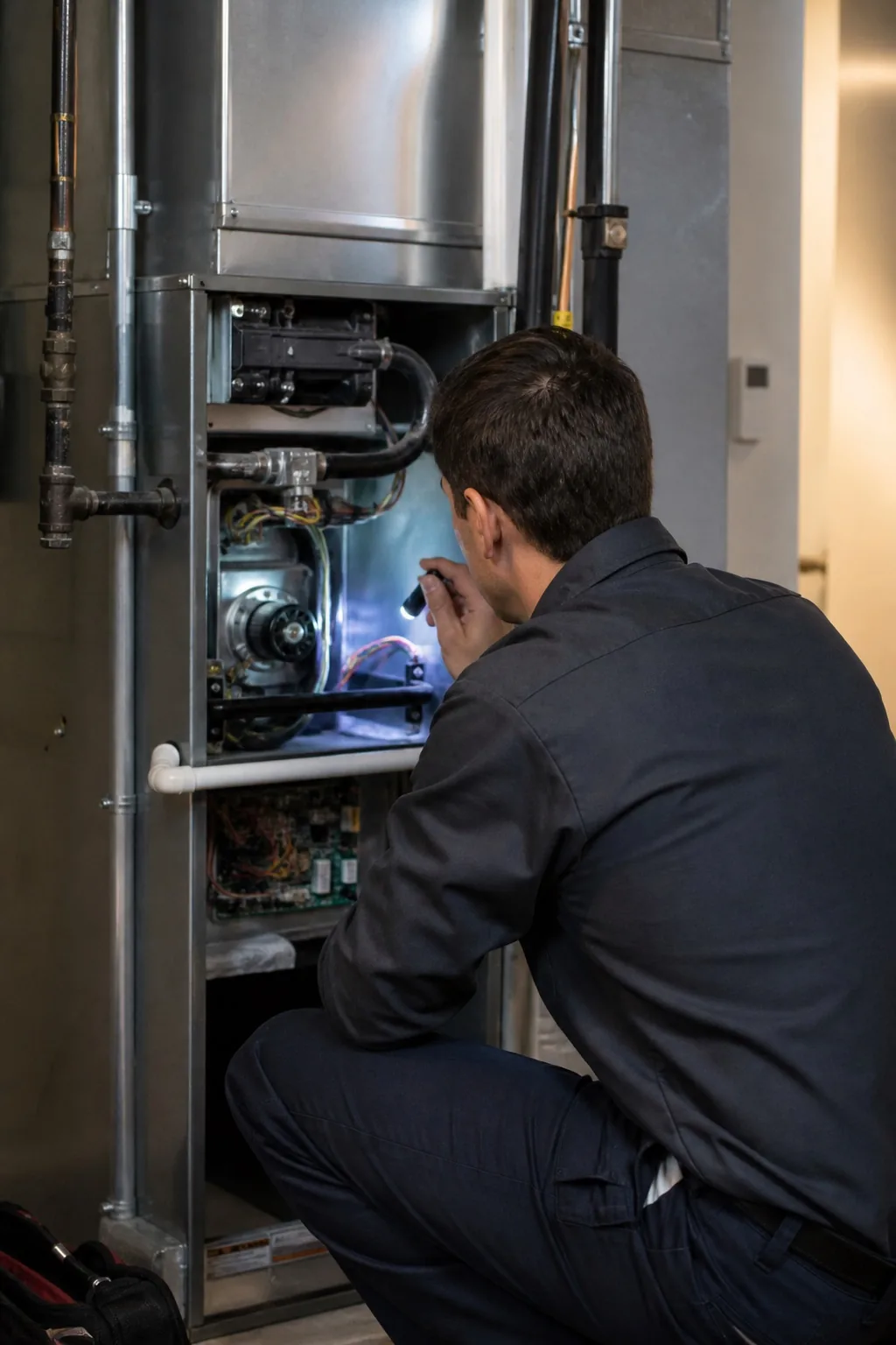 Technician inspecting residential heating equipment