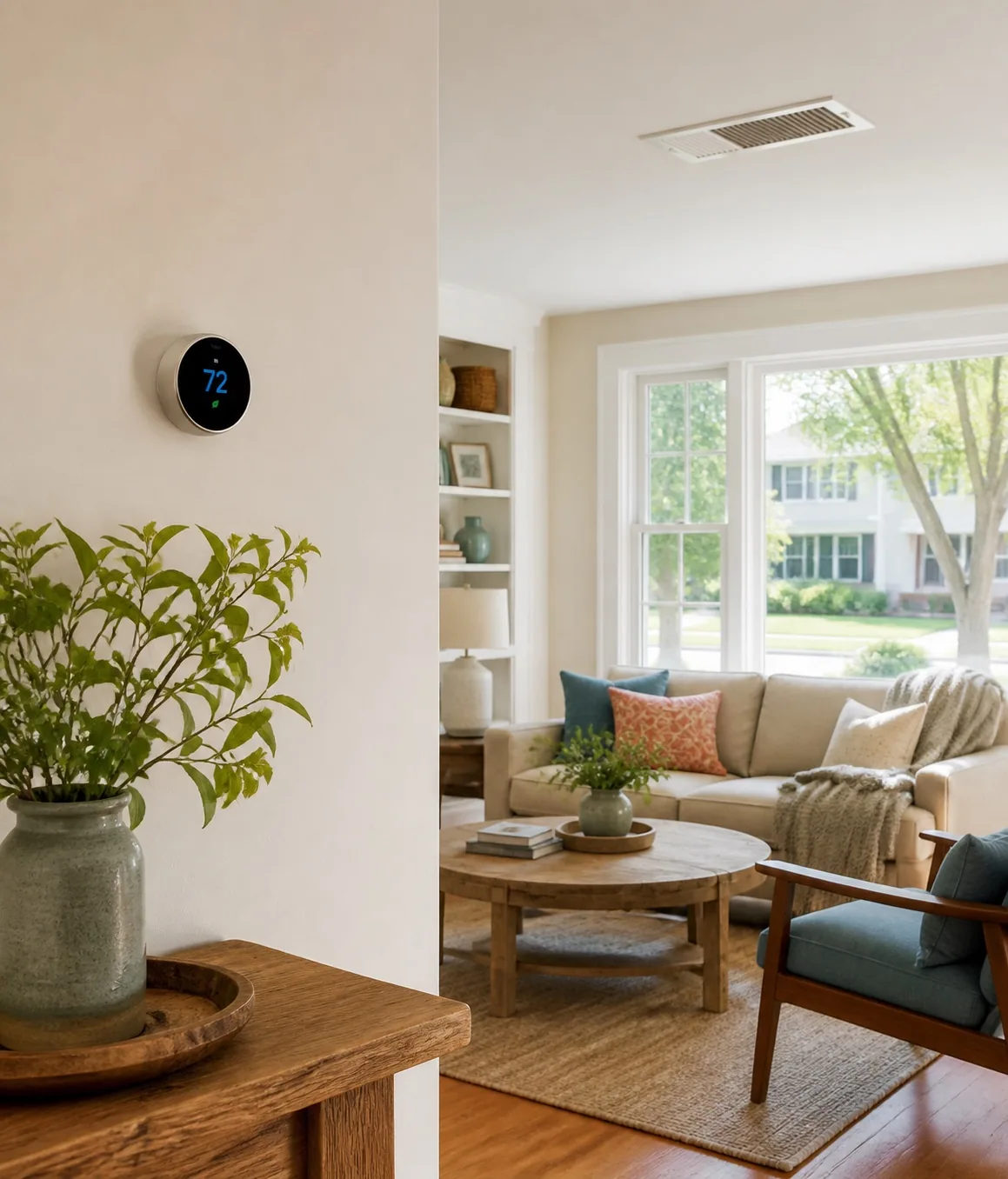 Modern thermostat in a bright living room