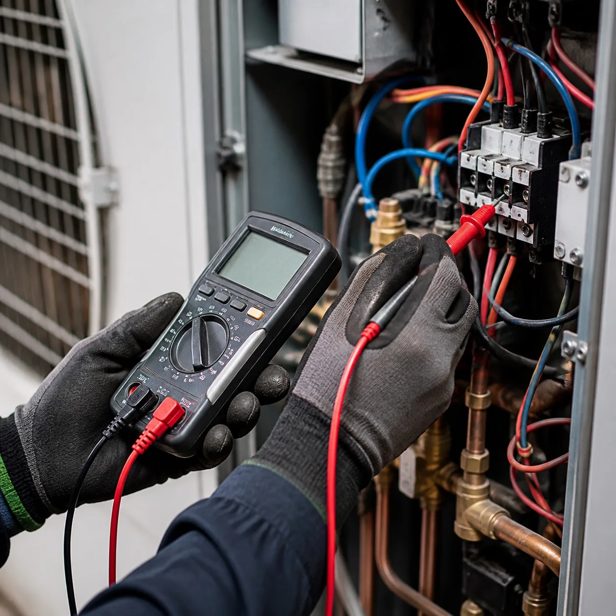 Close view of electrical testing during residential HVAC service